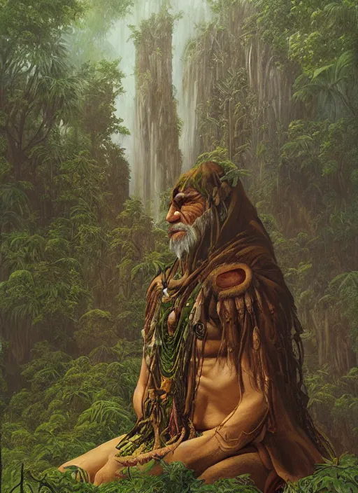 Image similar to a shaman sitting in the jungle, with giant faces of ancestors behind him, hyper detailed, art by christophe vacher