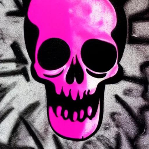 Prompt: a pink cartoon skull spray painted on a black background with dripping pink spray paint, three fourths view, graffiti, black background!!!!!