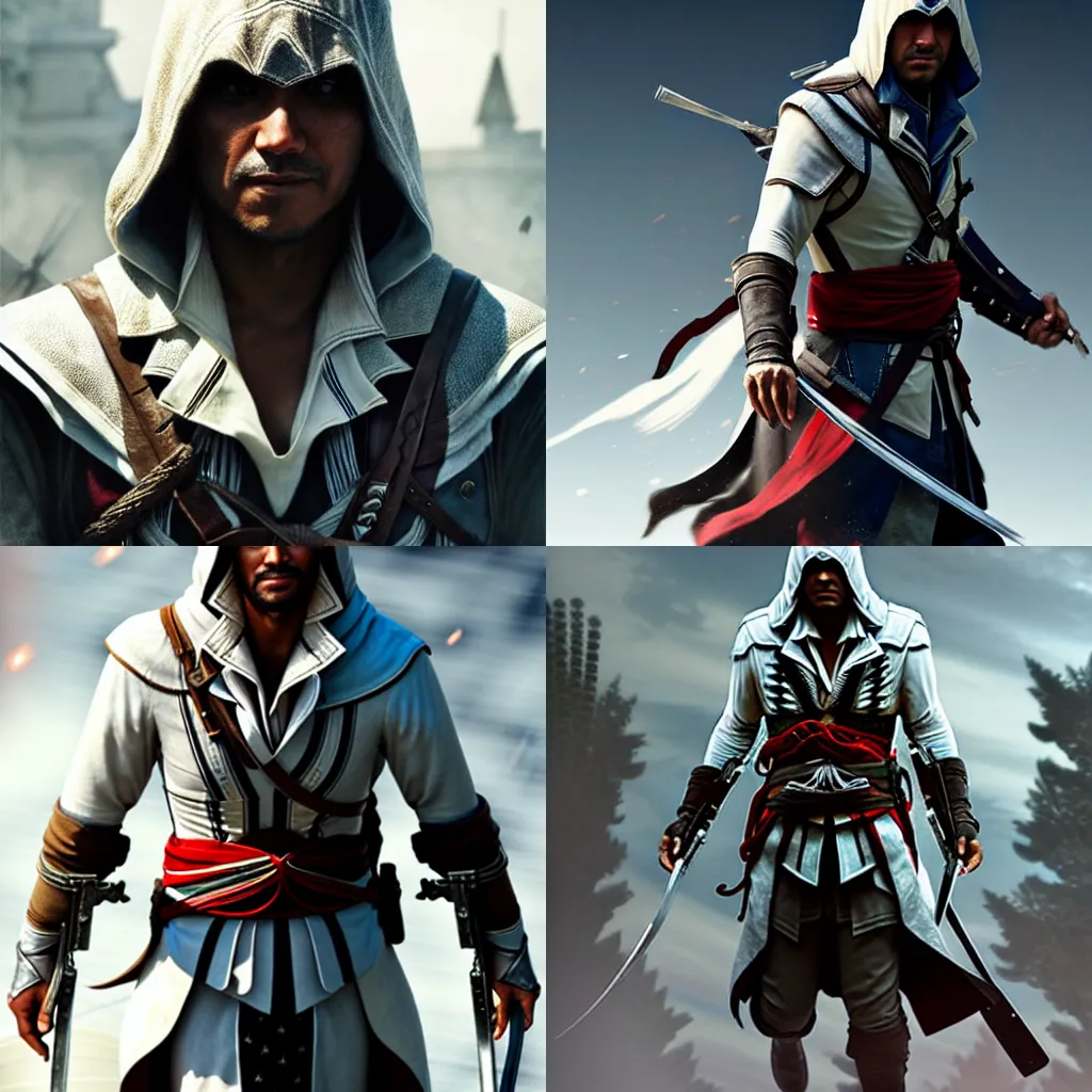 Prompt: Michael Greyeyes as an assassin in Assassin's Creed, by artgerm and Greg Rutkowski, semi-realistic, masterpiece, highly detailed, hd 4k