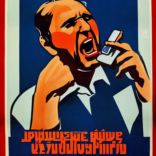 Image similar to soviet era propaganda poster of a man yelling at a smartphone