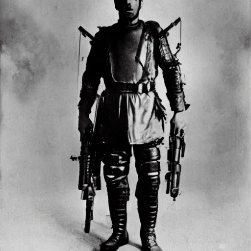 Image similar to old black and white photo, 1 9 1 3, depicting bruce willis in combat armor with guns, historical record, volumetric lights