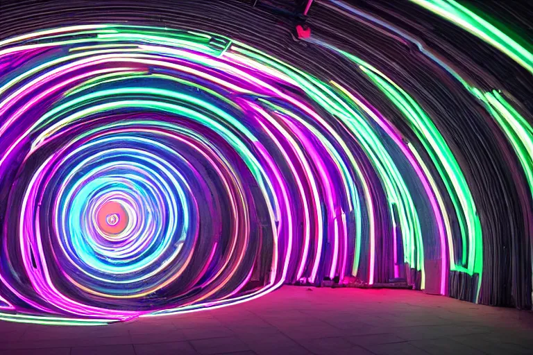 Prompt: A photograph of a female standing in a spiral shape interior space with an arched door glowing white at the end, neon colors,F3.5,ISO640,18mm,1/60,Canon EOS 90D.