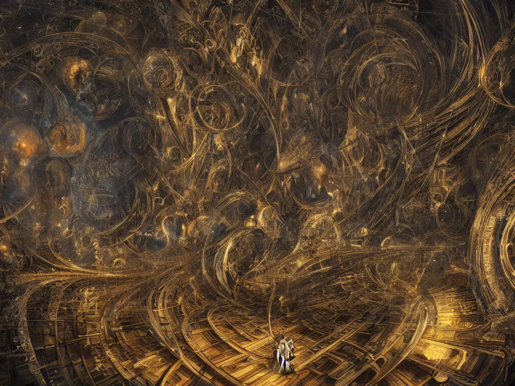 Image similar to an incredible masterpiece of a mystical dj playing a vast array of highly evolved and complex musical technology surrounded by an incredible and complex spiral fractal structure in a intricate cathedral, by karol bak, octane render, 8 k