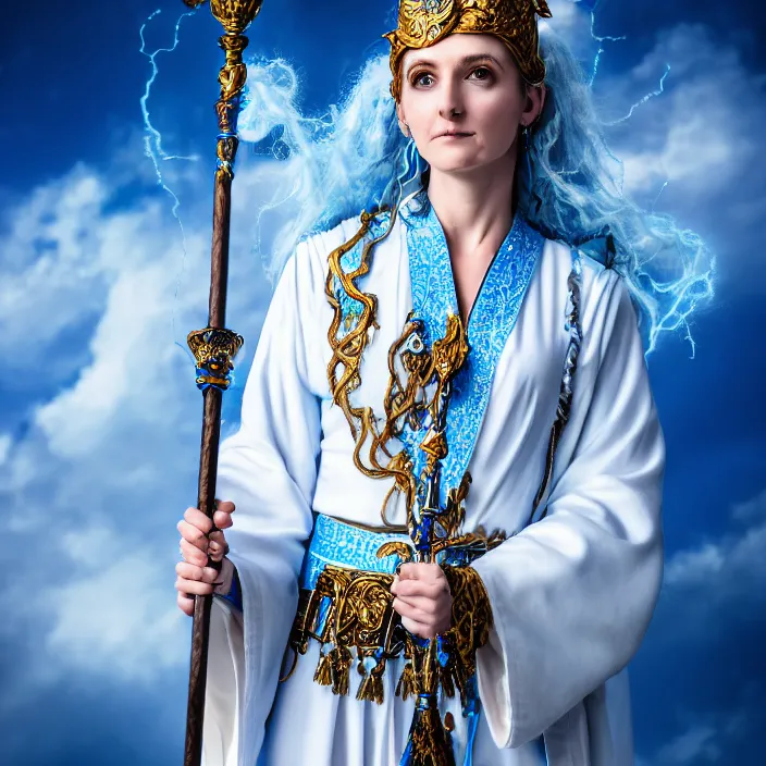 Image similar to professional photograph of a real-life beautiful elemental sky witch with ornate white and blue robes and staff. Extremely detailed. 8k