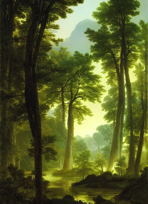 Image similar to a meadow clearing with extremely thin tall trees, spirit of the forest dwells, magically dense, calm serene atmosphere, by asher brown durand, by yoshitaka amano