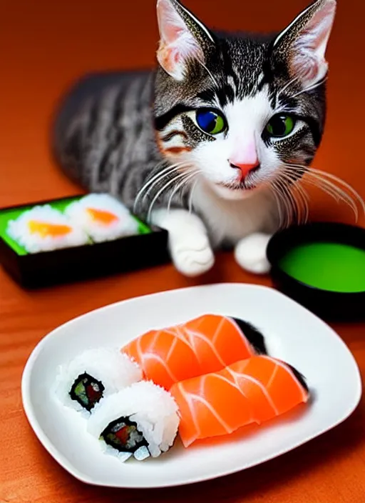 Image similar to clear photorealistic picture of adorable cats made out of sushi