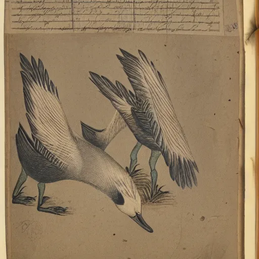 Prompt: manuscript showing angry geese