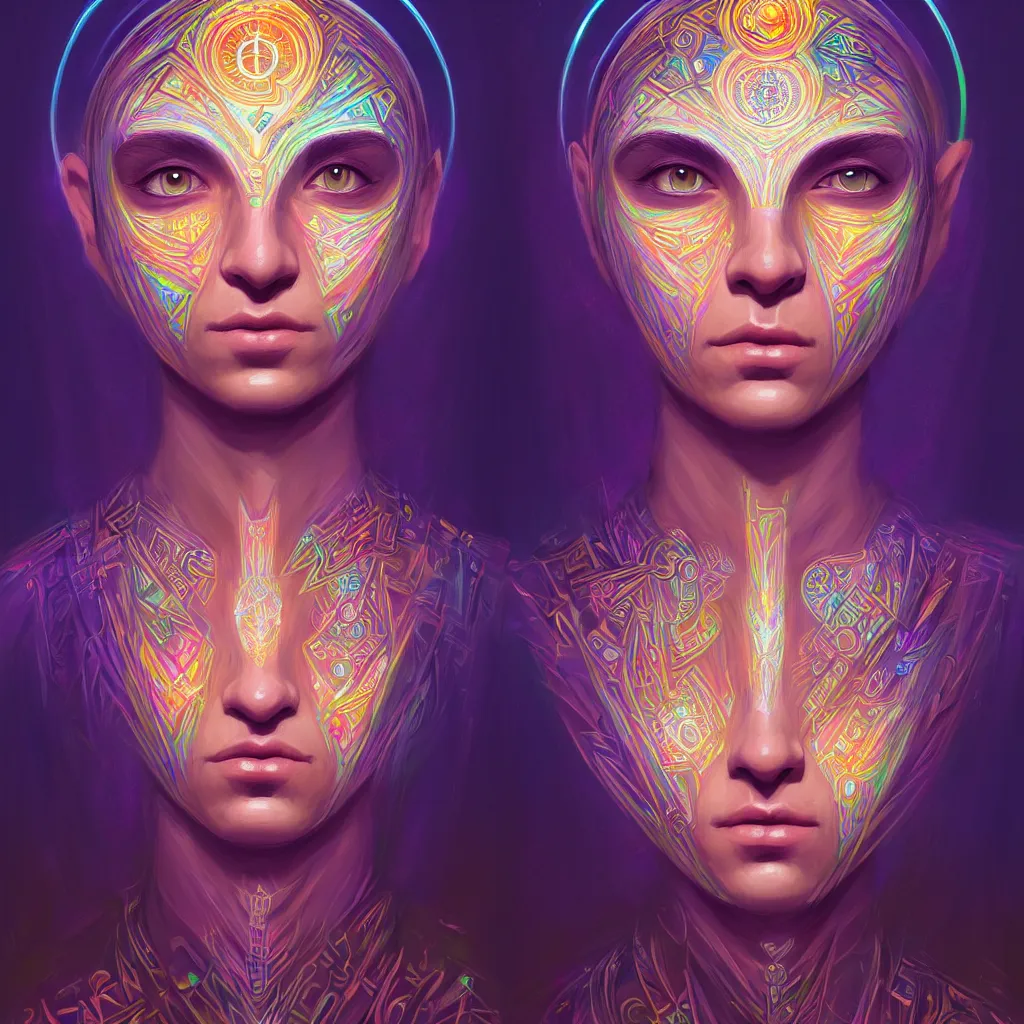 Image similar to portrait of a future metaverse ayahuasca tech shaman warrior, 2 d cartoon, visionary art, symmetric, magick symbols, holy halo, shipibo patterns, sci - fi, concept art, trending on art station, 8 k digital art, by mandy jurgens, fantasy portrait art, anime