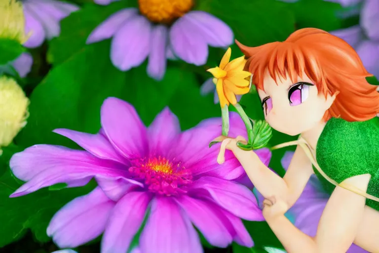 Image similar to (very small anime Tinker Bell) kissing a big flower, hyper realism, macro shot