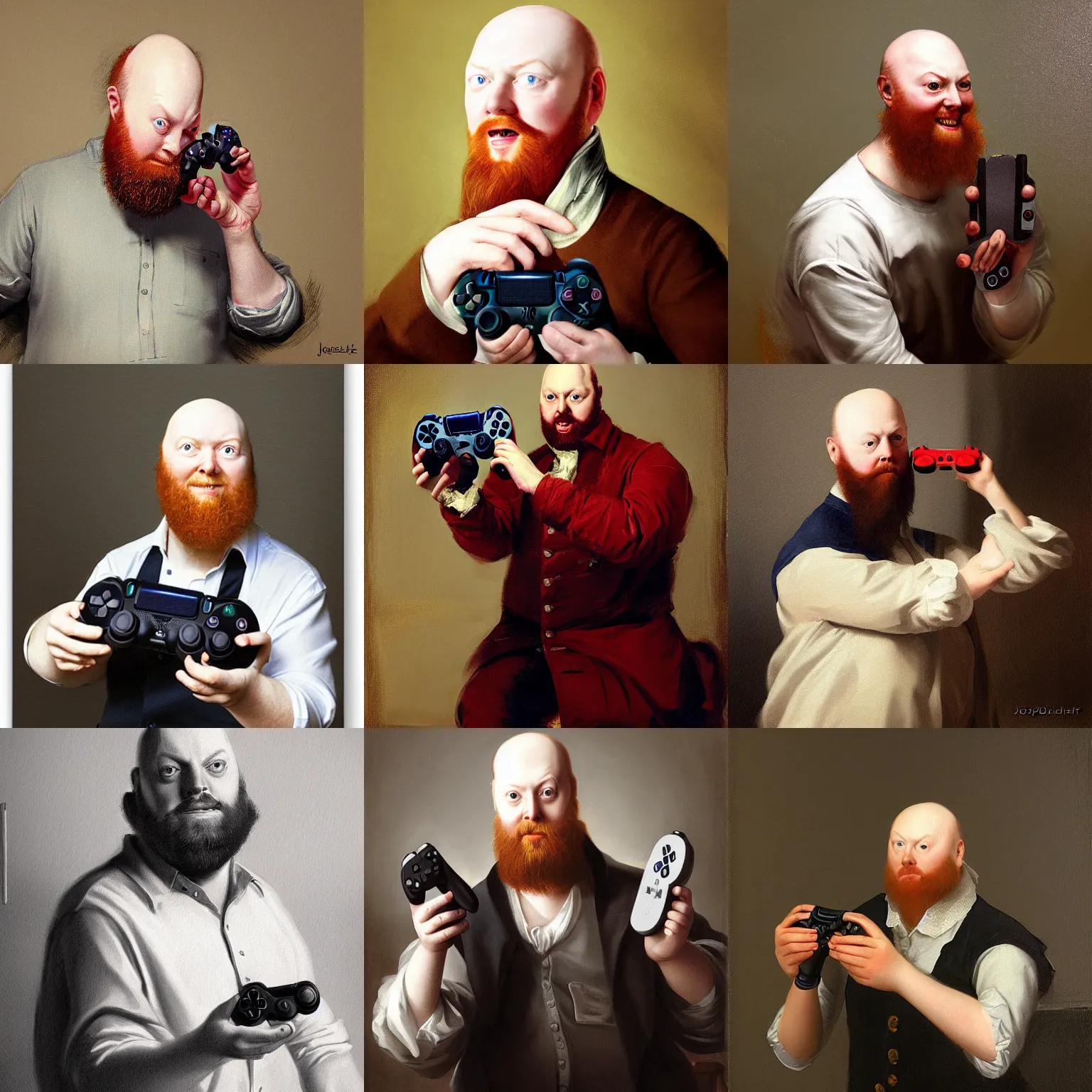 Prompt: playful portrait of angriestpat holding a ps 4 controller by joseph ducreux