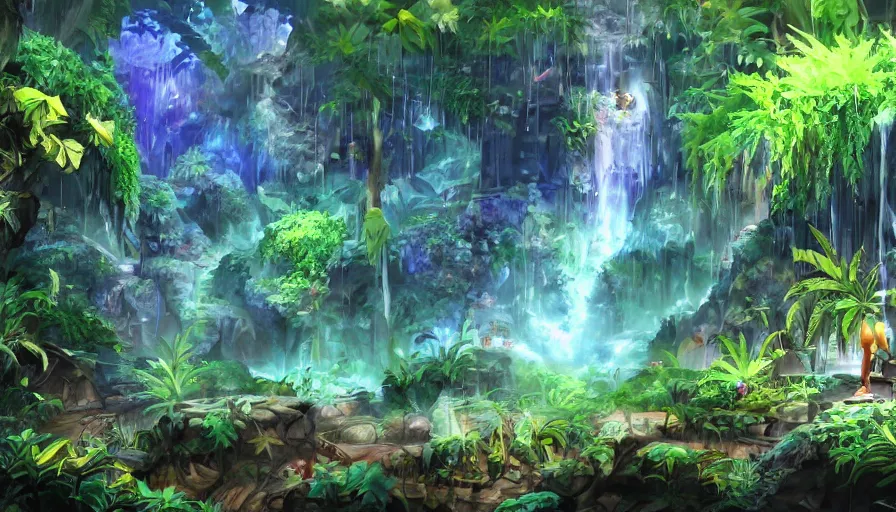 Image similar to concept art of underground jungle cave with waterfalls, luminescent plants, colorful, high detailed, ultra realistic