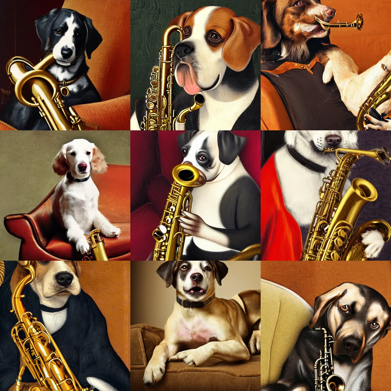 Prompt: dog playing the saxophone, sitting on the couch, medieval portrait, close up