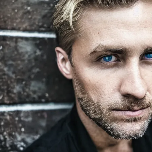 Image similar to close up of face of good looking 4 0 year old slavic blond man with blond stubble, very short wavy blond hair in a short pompadour style, very dark blue eyes, wearing a tank top, hairy shoulders, hairy chest, portrait, 4 k