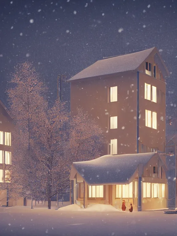 Prompt: film still of tiny soviet residential building, residential suburb area, lights are on in the windows, deep dark night, cozy atmosphere, cold winter, snowing, streetlamps with orange light, volumetric light, several birches nearby, elderly people stand at the entrance to the building, mega detailed, unreal render