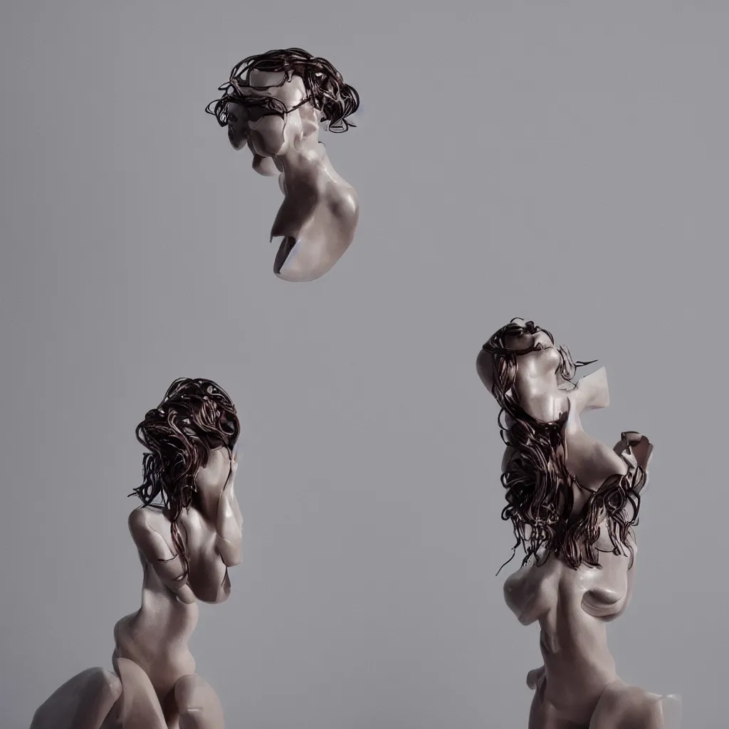 Prompt: flume_and former_cover_art_future bass girl unwrapped_statue_bust _curls_of_ _hair_petite_lush_body_photography_model _futuristic material style of Jonathan Zawada Thisset