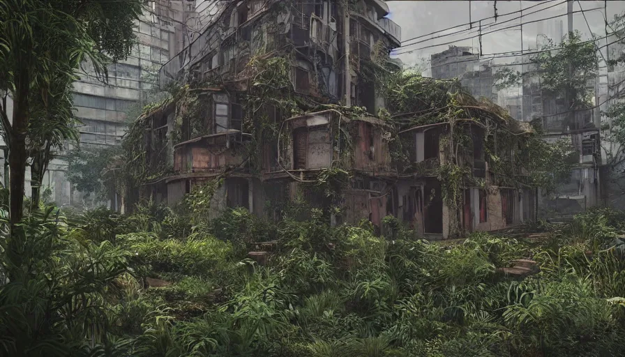 Prompt: Abandoned Building Overgrown by beautiful plants, Dystopian Slum, Hyperrealism, Hyperdetailed, Intricate Details, Anamorphic Lens, Cinematic Lighting, Volumetric Lights, Raytracing Reflections, Unreal Engine 5