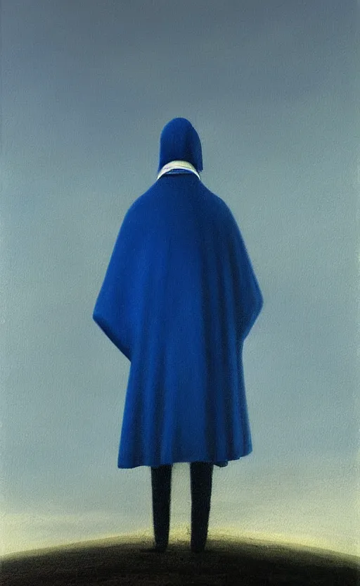 Image similar to oil painting of a blue caped man, lonely, depression, foggy background, standing in midground, blue sky, by capsar david friedrich