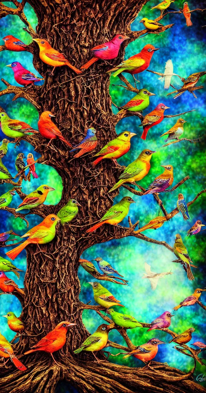 Image similar to realistic photo of too many small psychedelic birds sitting on big tree, very sharp focus, dark background, in the style of greg rutswoski, very hyper realistic, highly detailed, fantasy art station