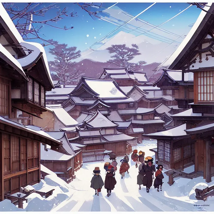 Image similar to japanese rural town, winter, in the style of studio ghibli, j. c. leyendecker, greg rutkowski, artem