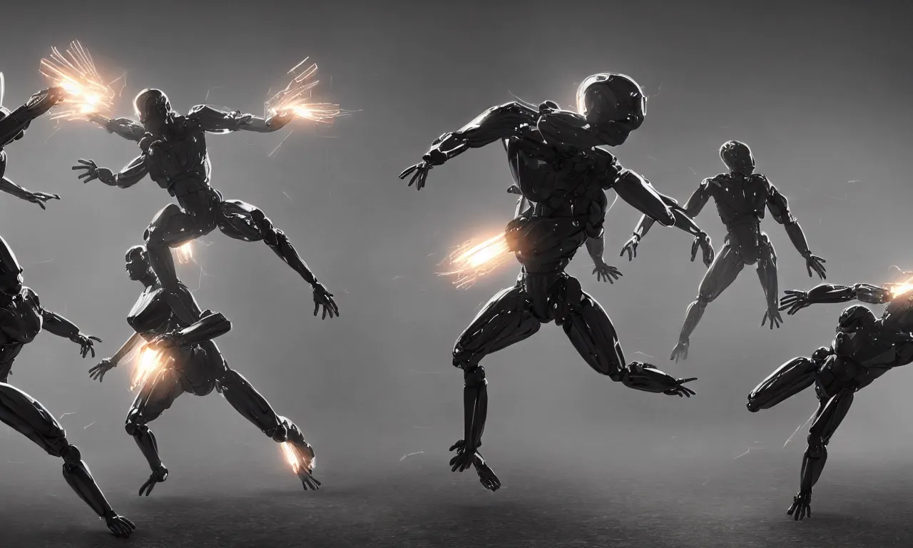 Prompt: capture of translucent androids in dramatic attacking pose, motion blured movement, shadow cast of dark mirror ground, volumetric lighting, volume fog, subsurface scattering, dramatic lighting, high detail, from new scifi by digital domain and weta digital, strong ambient occlusion