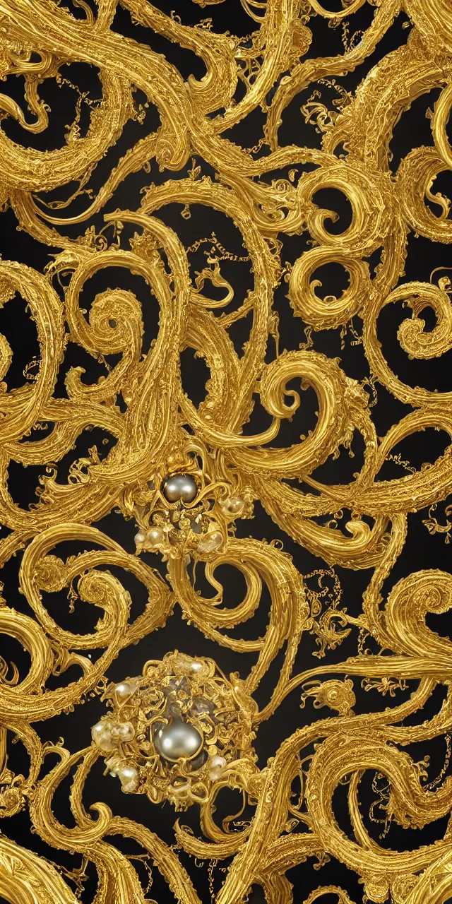 Image similar to subsurface scattering, seamless 3 d baroque gold and black pattern, beautiful dynamic shadows, gold silver iridescent pearls and swarovski crystals, symmetrical, rococo elements, damask pattern, swirls and spirals, dolce and gabanna, michelangelo, iris van herpen artstation, versace pattern, concept design art, octane render, 8 k