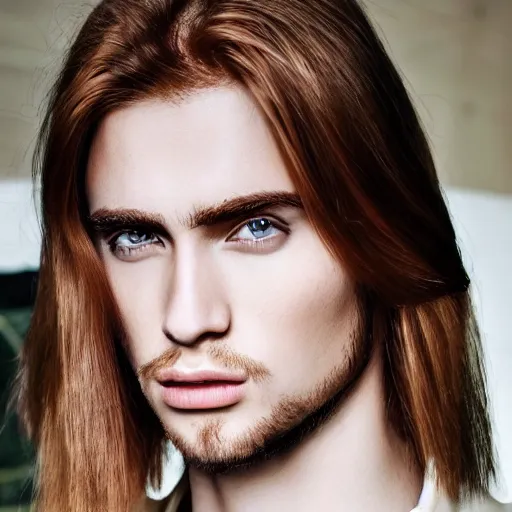 Image similar to a beautiful picture of a jong red blond european man wiht a sharp face and brown eyes, long hair, pointy nose, straight hair