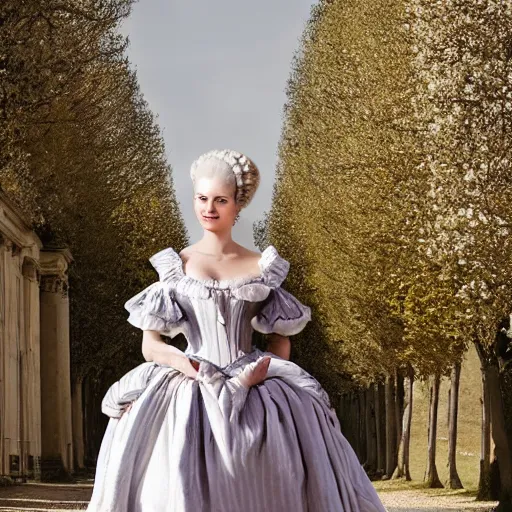 Prompt: marie antoinette walking in versailles, outdoor, sunny day, wow 4 k detail fantasy, matte painting, realistic materials, photo realistic, postprocessing, cinematic, hyperrealistic, studio lighting, ekaterina, the tudors, photography by richard jenkins