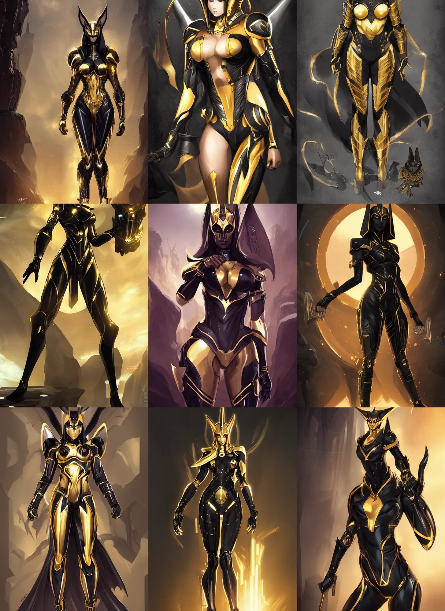 Prompt: female anubis wearing black and gold cybertech armor. buxom, wide hips, character design by charlie bowater, ross tran, artgerm, and makoto shinkai, detailed, inked, western comic book art