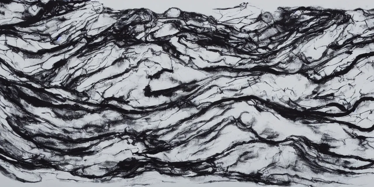 Prompt: laurentian mountains in winter, semi - abstract black ink landscape painting