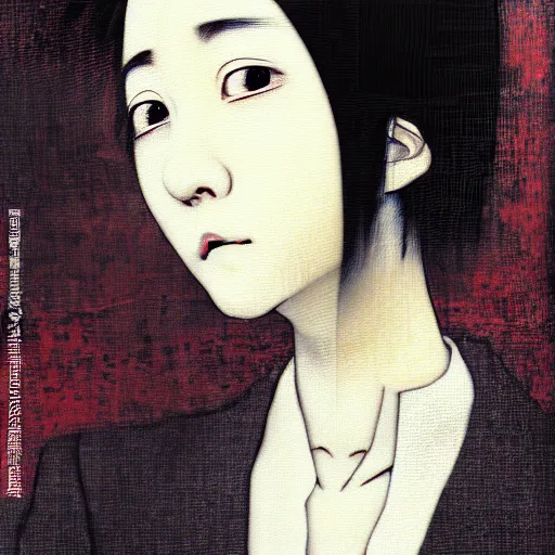 Image similar to yoshitaka amano blurred and dreamy realistic three quarter angle portrait of a young woman with short hair and black eyes wearing office suit with tie, junji ito abstract patterns in the background, satoshi kon anime, noisy film grain effect, highly detailed, renaissance oil painting, weird portrait angle, blurred lost edges