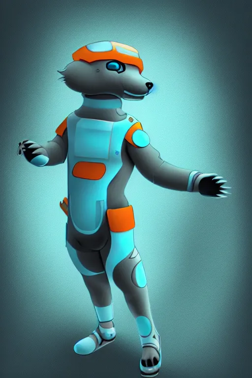 Image similar to photo of a cute male gray turquoise white orange otter fursona wearing tight futuristic clothes a city, fantasy, paws, 8 k resolution, hyper detailed, character design