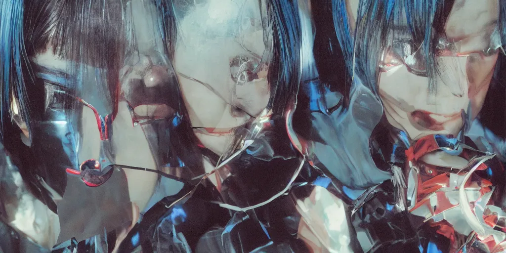 Image similar to a close - up risograph of cyberpunk japanese model girl with black eyes and pretty face wearing latex catsuit and lots of transparent and cellophane accessories, blue hour, twilight, cool, portrait, kodachrome, iso 1 2 0 0, painting by moebius