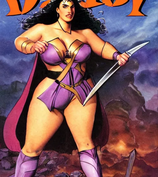 Image similar to 1 9 8 0 s fantasy novel book cover, bbw plus size amazonian gal gadot in extremely tight bikini armor wielding a cartoonishly large sword, exaggerated body features, dark and smoky background, low quality print