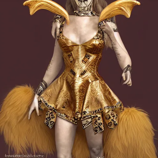 Image similar to champagne blonde female changeling mythical satyr, humanoid with goat legs and horns, symmetry intricate, dia de los muertos, aztec ultra detailed feathered dress, gold - bodied playing guitar, concept art, photorealism, ultra realistic, 8 k resolution, artstation, 3 5 mm,