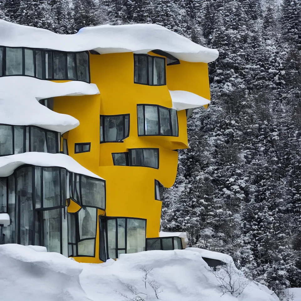 Image similar to an asphalt road leading to a mid-century modern house with large windows on top of a cliff in the arctic, covered with snow, designed by Frank Gehry. Big tiles. Film grain, cinematic, yellow hue