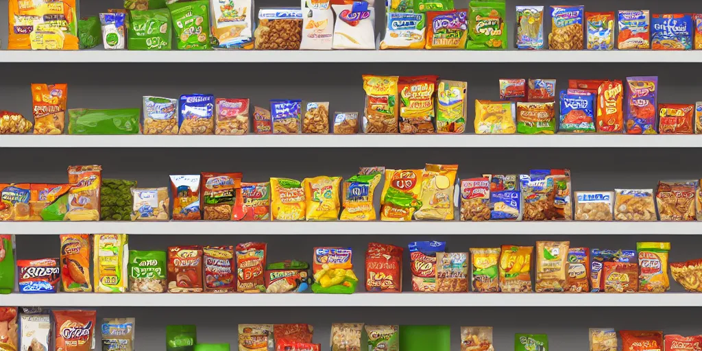 Prompt: Shelves lined with snacks, 4K texture for Unity, photorealistic