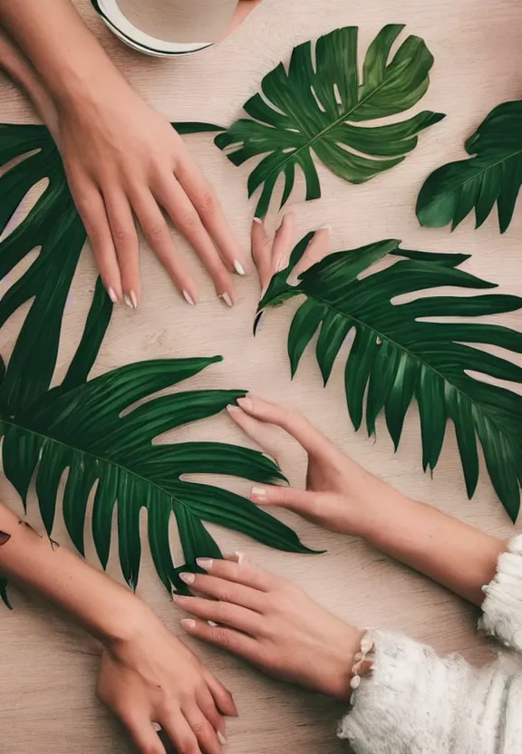 Prompt: an instagram photo of two ultra detailed woman's palms lying on the table, instagram photo, studio photo