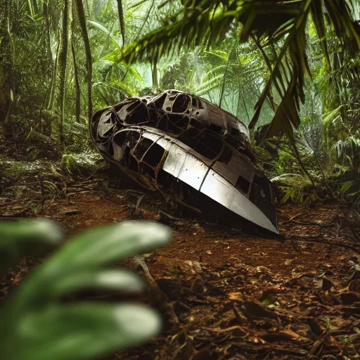 Prompt: crashed spaceship in the dense jungle detailed 8k photography