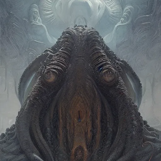 Image similar to human looking at big monstrosity portrait of Cthulhu, hyperdetailed, artstation, cgsociety, by greg rutkowski, by Gustave Dore