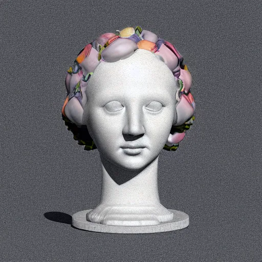 Image similar to a 3 d model of a white marble human head in a renaissance style holding a coctail, colorful coctail, digital illustration, 3 d render, above the waist