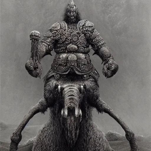 Image similar to ancient norse mammoth rider, wearing norse armor, intricated, hyper detailed, beksinski