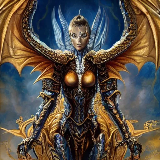 Image similar to a beautiful symmetrical muscular full body wearing a dragon armor with wings made of golden ornaments and gems, by alex gray and android jones , Karol Bak, Ayami Kojima, Amano , concept art, character design, fantasy,3D, 8k resolution