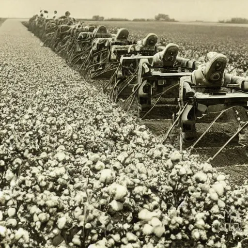 Image similar to robots working in the cotton field , 1824 , old photograph , 4k , HD