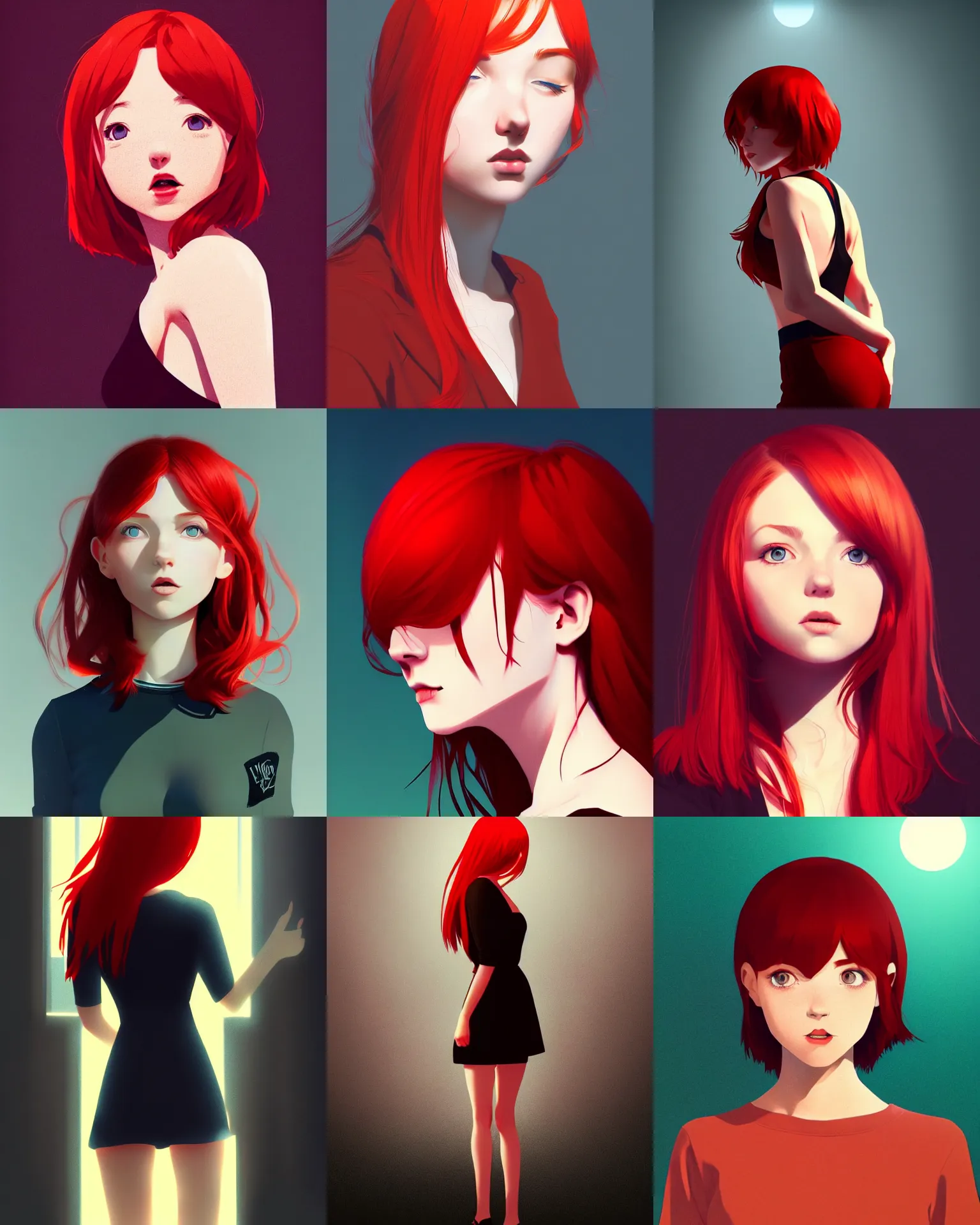 Prompt: a full body picture of an adorable!!!! woman with red hair and freckles by ilya kuvshinov, digital art, dramatic lighting, dramatic angle