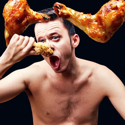 Prompt: a very skinny man feasting on chicken drumsticks