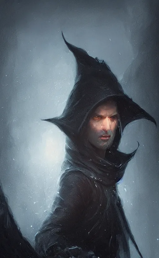 Image similar to Portrait of an elf in a black cloak, black hair, glowing eyes, male, detailed face, fantasy, highly detailed, cinematic lighting, digital art painting by greg rutkowski