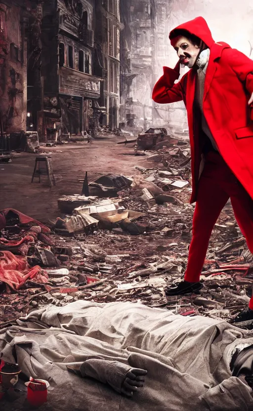 Image similar to cinematic scene of a comedian in red coat performing comedy show on dead bodies in streets of an apocalyptic metropolis destroyed after war, fantasy art, dramatic lighting, insane details