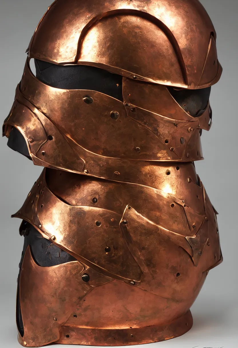 Image similar to a presentation photo of a duel knight's helmet that is made of copper and gold, beautiful ornated details