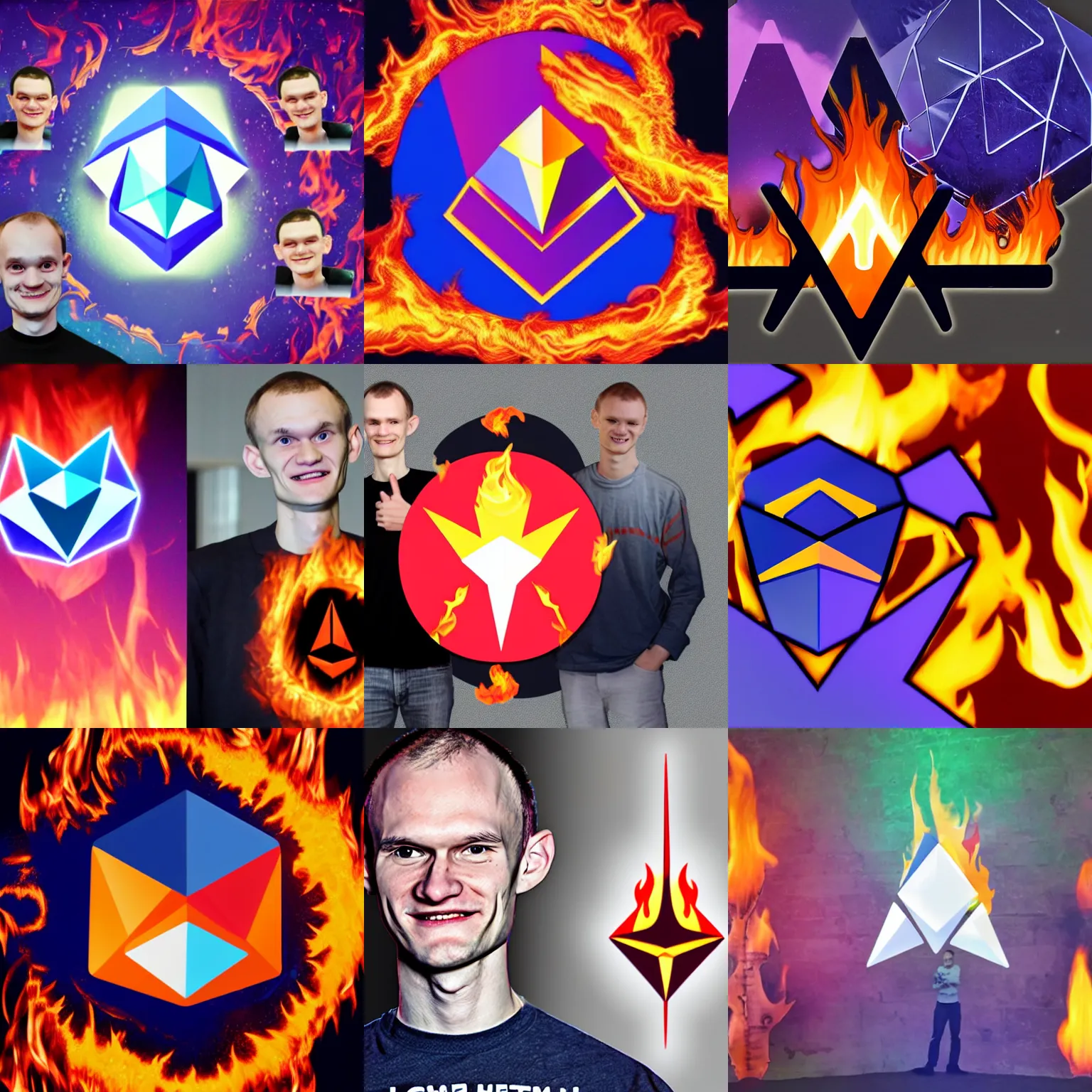 Prompt: < artwork mode ='attention grabbing'trending > ethereum logo in flames with vitalik buterin standing beside next to it grinning knowingly < / artwork >