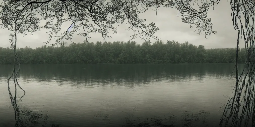 Image similar to a infinitely long rope zig - zagging across the surface of the water into the distance, floating submerged rope stretching out towards the center of the lake, a dark lake on a cloudy day, atmospheric, color film, trees in the background, hyper - detailed photo, anamorphic lens